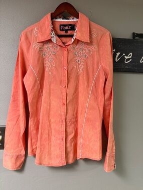 Roar Coral Embroidered Rhinestone Button-Up Stretch Shirt